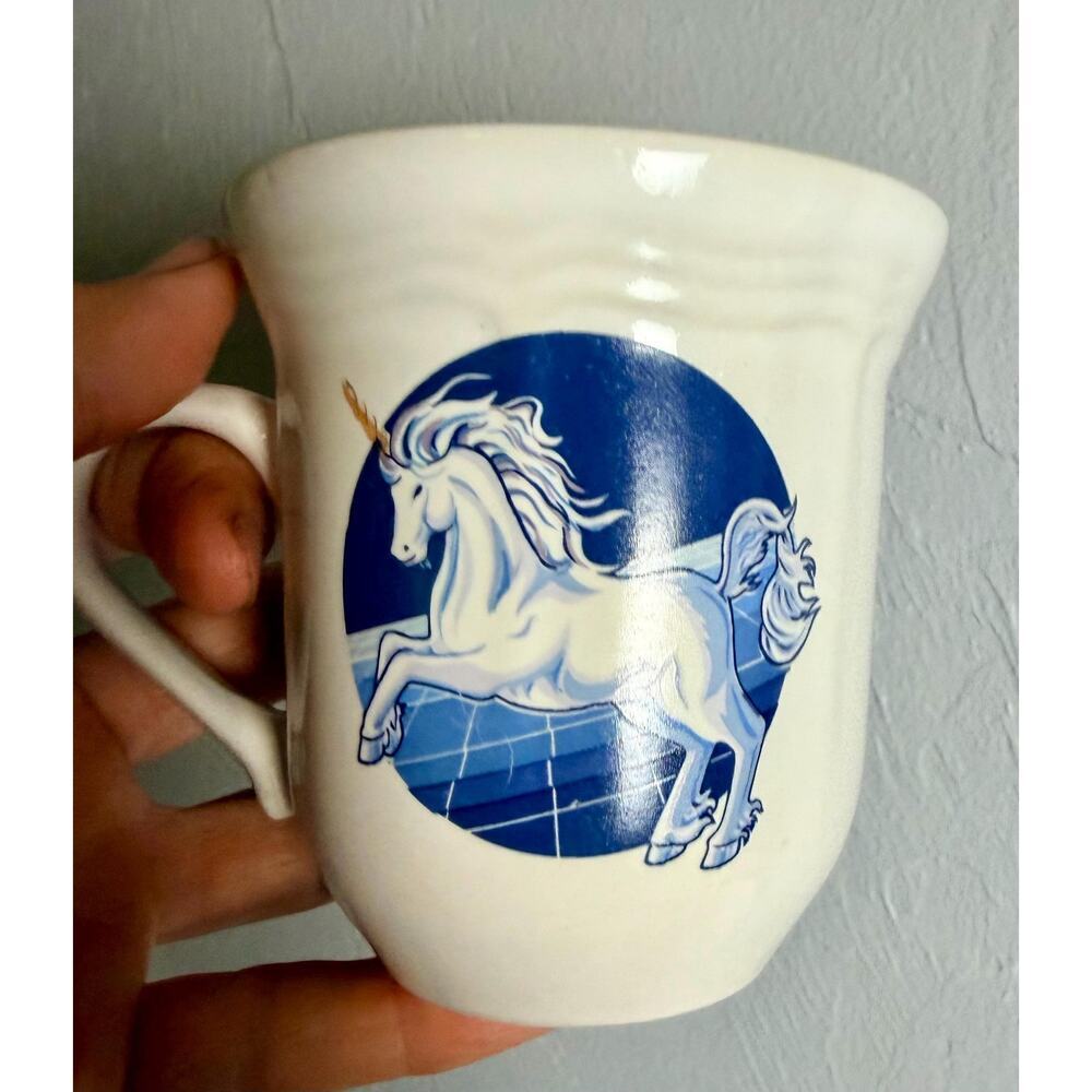 Vintage Unicorn Set of 6 | 1980s Blue & White Fantasy Coffee| Unicorn and Stars - Picture 8 of 11